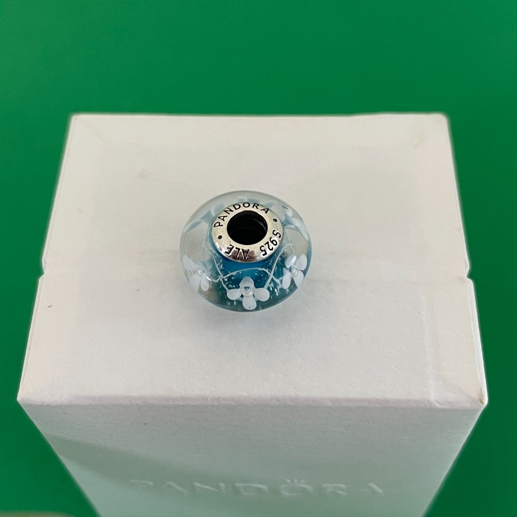 Pandora Blue Bloom Murano Glass Charm With Sterling Silver Core